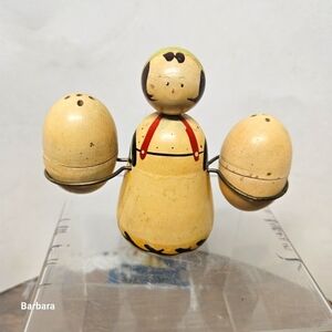Vintage Antique Handmade Wood Farm Girl with Eggs Salt & Pepper Shakers